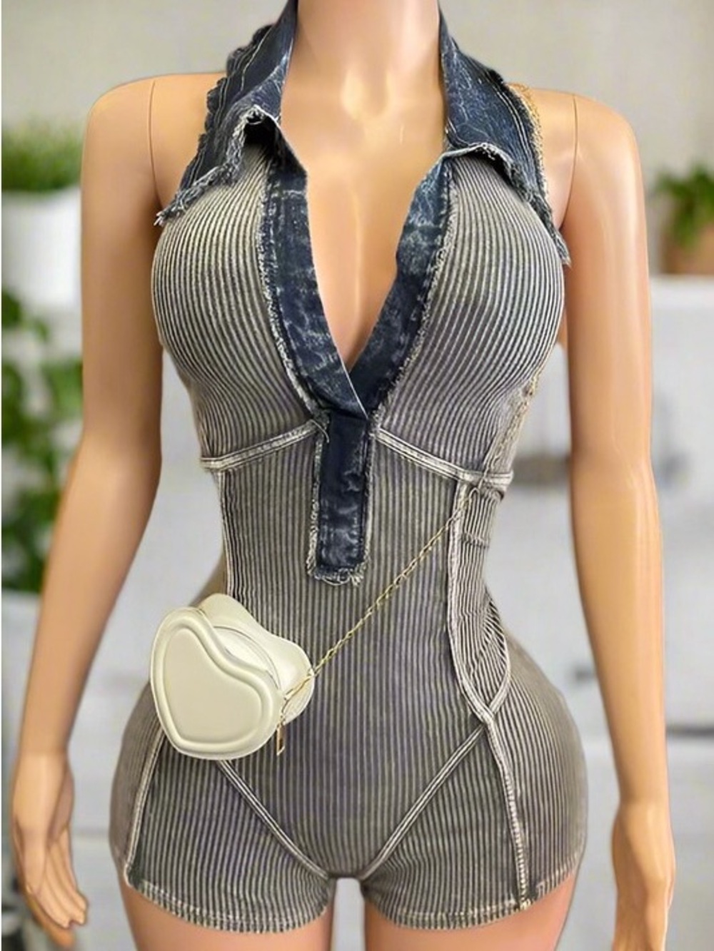 Sleeveless Ribbed Denim-Trim Romper in Heather Gray